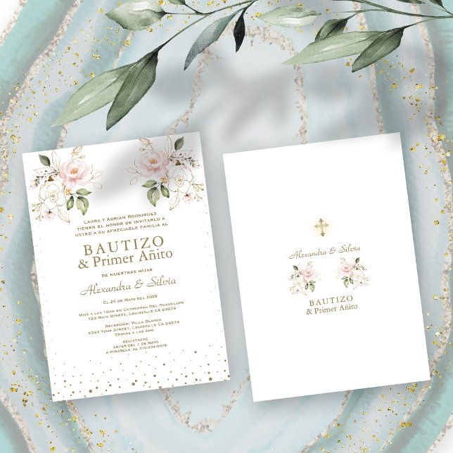 Gemelas Hijas Pink Flowers Primer Añito Bautizo Invitation (Creator Uploaded)