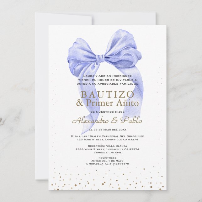 Gemelos Blue Bow Hijos Primer Añito Bautizo Invitation (Front)
