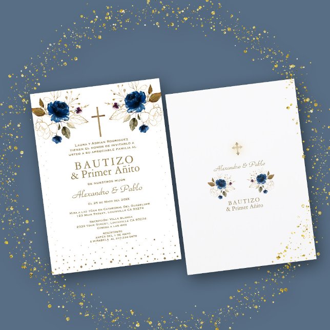 Gemelos Blue Flowers Hijos Primer Añito Bautizo Invitation (Creator Uploaded)