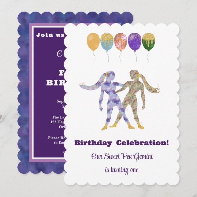 Gemini 1st Birthday Impressionist Gold Glitter Invitation (Front/Back)