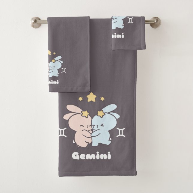 Gemini Bunnies Cuddles - Zodiac Harmony Bath Towel Set (Insitu)