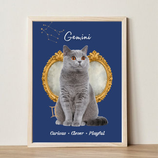 Gemini Cat Art Print, Zodiac Cat Poster