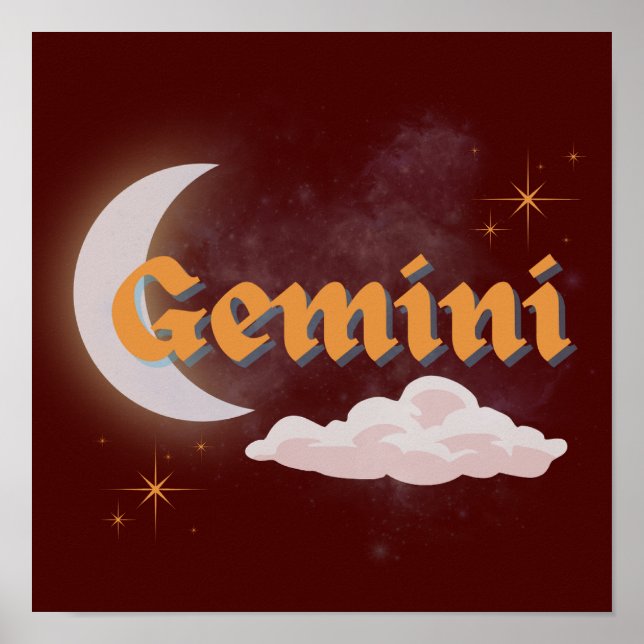 Gemini Celestial Moon Cloud Stars Astrology Art Poster (Front)