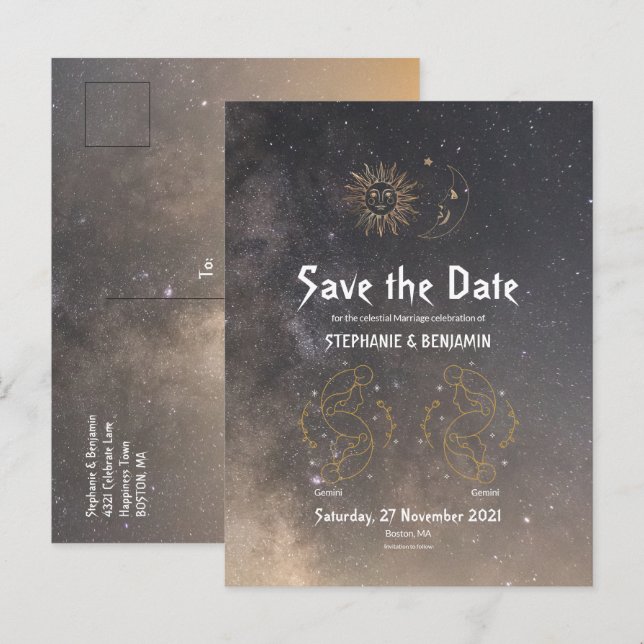 Gemini Celestial Typography Zodiac Glitter Cool Announcement Postcard (Front/Back)