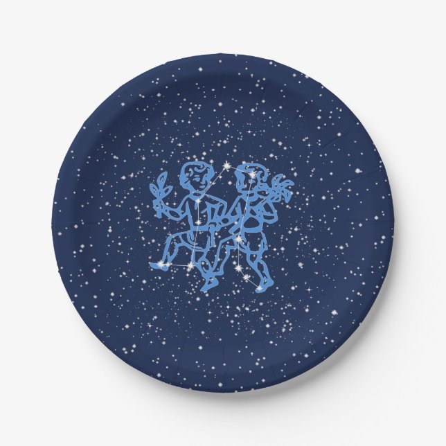 Gemini Constellation and Zodiac Sign with Stars Paper Plate (Front)