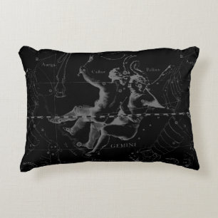 Gemini Constellation Hevelius 1690 on Black Decorative Cushion