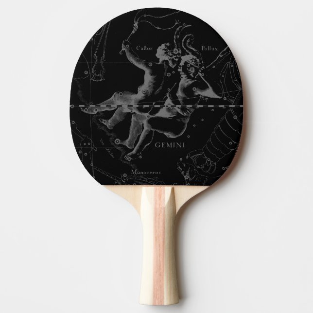 Gemini Constellation Hevelius 1690 on Black Ping Pong Paddle (Front)