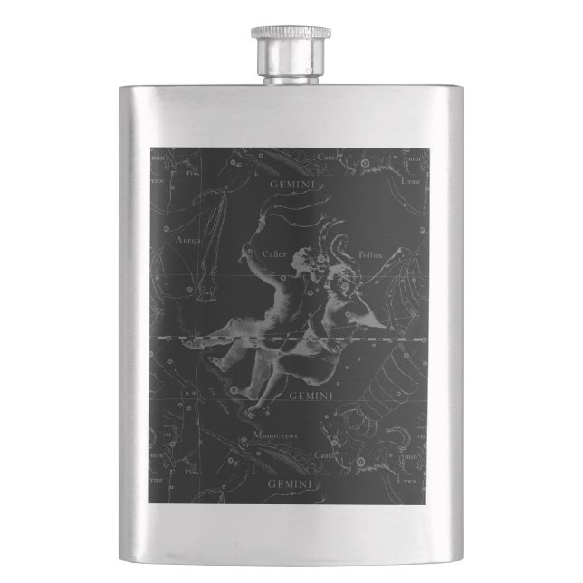 Gemini Constellation Map Hevelius 1690 on Black Hip Flask (Front)
