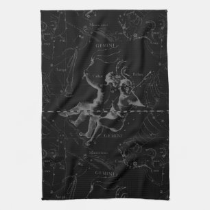 Gemini Constellation Map Hevelius 1690 on Black Tea Towel