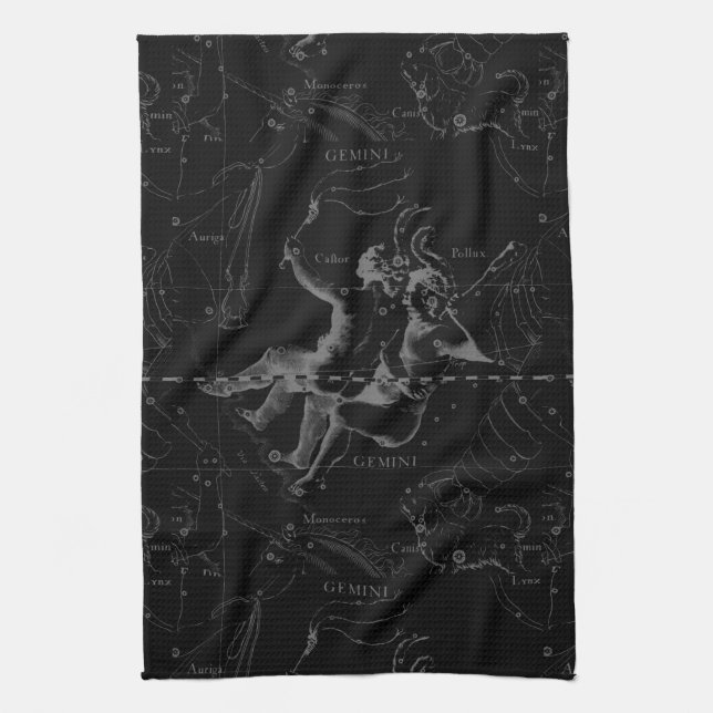 Gemini Constellation Map Hevelius 1690 on Black Tea Towel (Vertical)