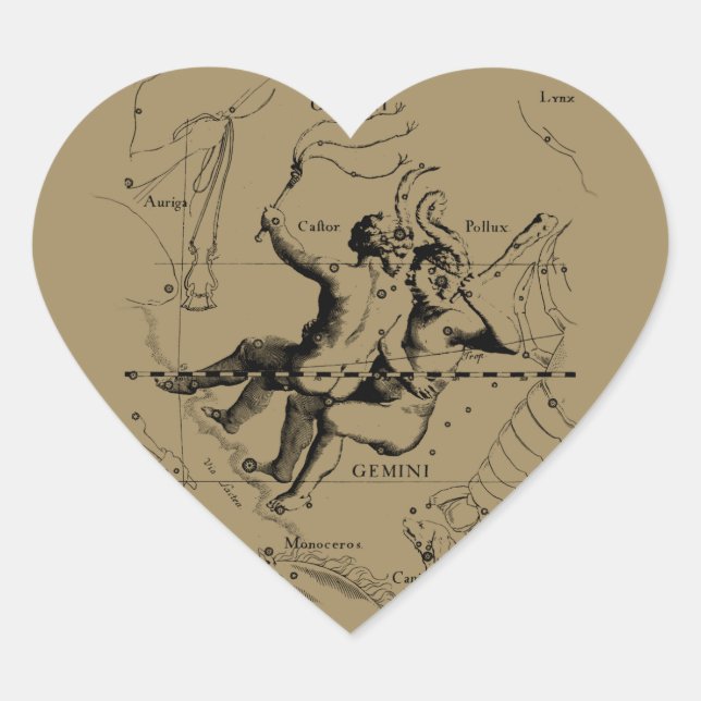Gemini Constellation Zodiac Hevelius 1690 Heart Sticker (Front)