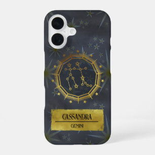 Gemini Dark Zodiac Astrology: Black & Gold iPhone 16 Case