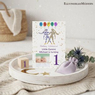 Gemini First Birthday Gold, Balloons & Photo Invitation