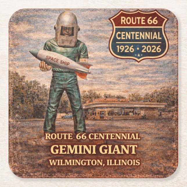 Gemini Giant Route 66 Barware Stop Square Paper Coaster (Front)