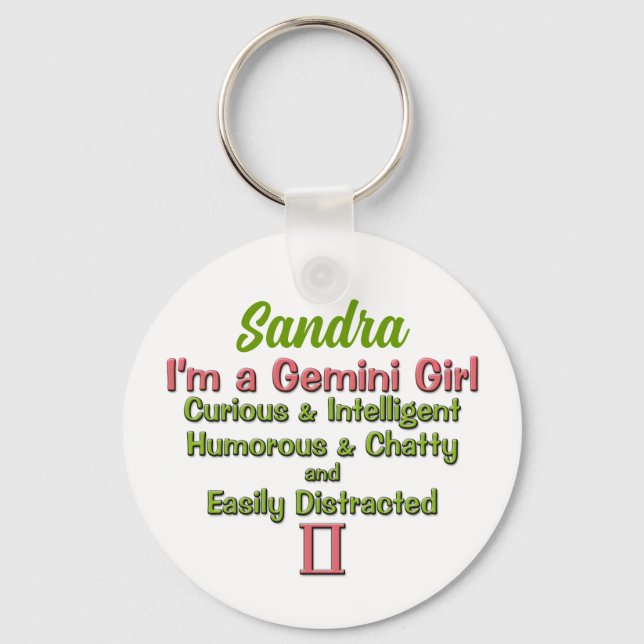 Gemini Girl Pink and Green Zodiac with Name Key Ring (Front)