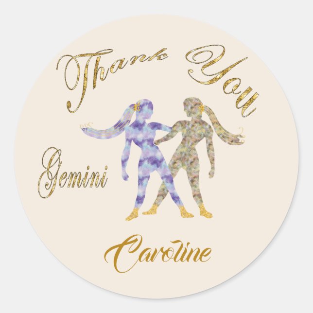 Gemini Gold Glitter Thank You Classic Round Sticker (Front)