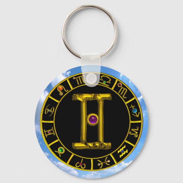 GEMINI GOLD ZODIAC BIRTHDAY JEWEL Astrology Chart Key Ring (Front)