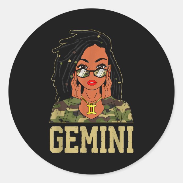 Gemini Loc'd Hair Sy Black Woman Camo Melanin Girl Classic Round Sticker (Front)
