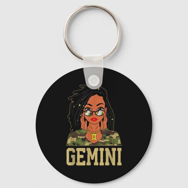 Gemini Loc'd Hair Sy Black Woman Camo Melanin Girl Key Ring (Front)