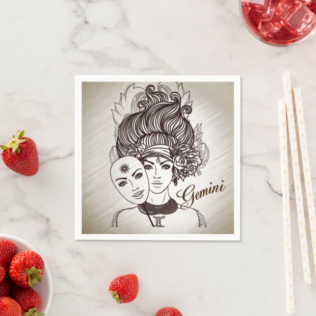 Gemini Masked Lady Zodiac Napkin (Insitu)