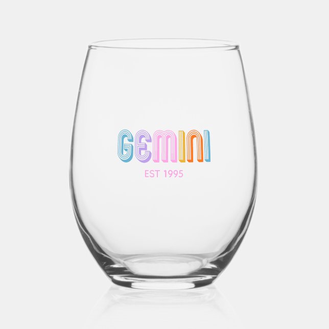 Gemini modern colourful typography astrology  stemless wine glass (Back)