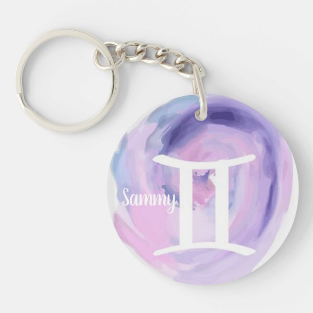 Gemini Personalised Watercolor Zodiac Sign Key Ring (Front)