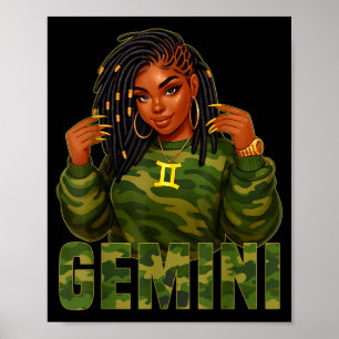 Gemini Queen Loc'd Black Woman Camo Zodiac Sign