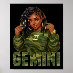 Gemini Queen Loc'd Black Woman Camo Zodiac Sign