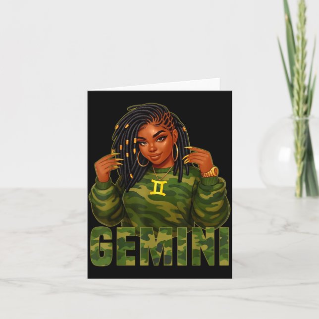 Gemini Queen Loc'd Black Woman Camo Zodiac Sign  Card (Front)