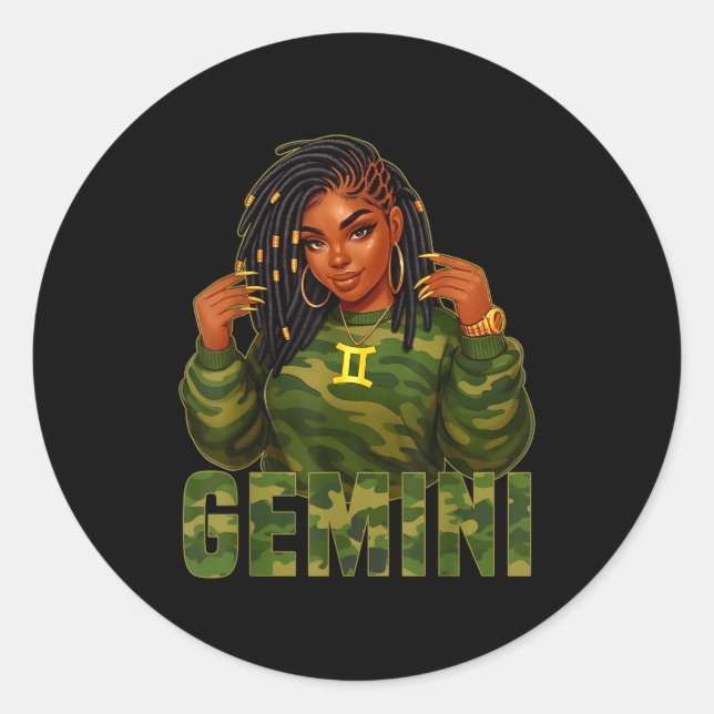 Gemini Queen Loc'd Black Woman Camo Zodiac Sign  Classic Round Sticker (Front)