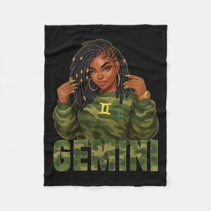 Gemini Queen Locd Black Woman Camo Zodiac Sign Fleece Blanket