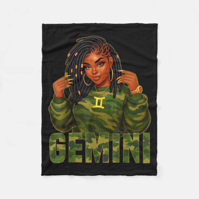 Gemini Queen Loc'd Black Woman Camo Zodiac Sign  Fleece Blanket (Front)