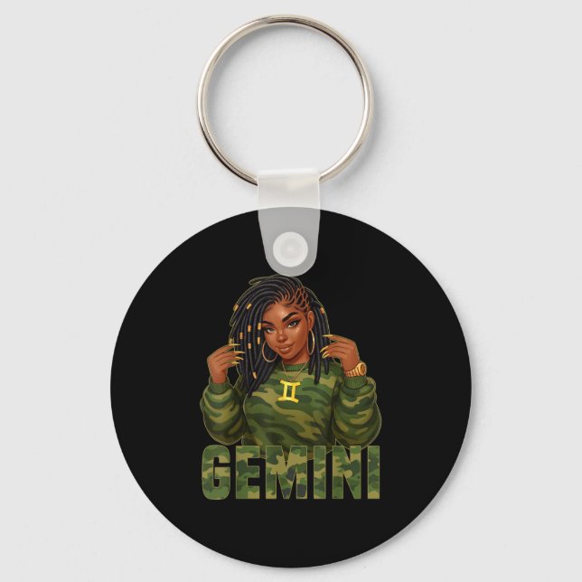 Gemini Queen Loc'd Black Woman Camo Zodiac Sign  Key Ring (Front)