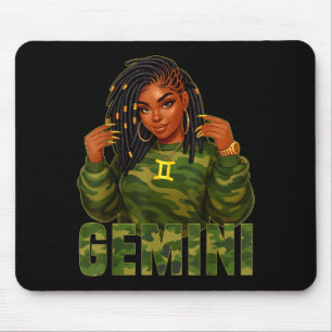 Gemini Queen Loc'd Black Woman Camo Zodiac Sign  Mouse Mat
