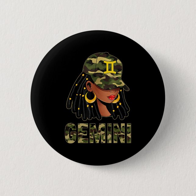 Gemini Queen Loc'd Hair Black Woman Camo Cap Zodia 6 Cm Round Badge (Front)