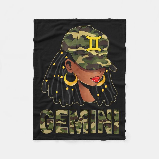 Gemini Queen Loc'd Hair Black Woman Camo Cap Zodia Fleece Blanket (Front)