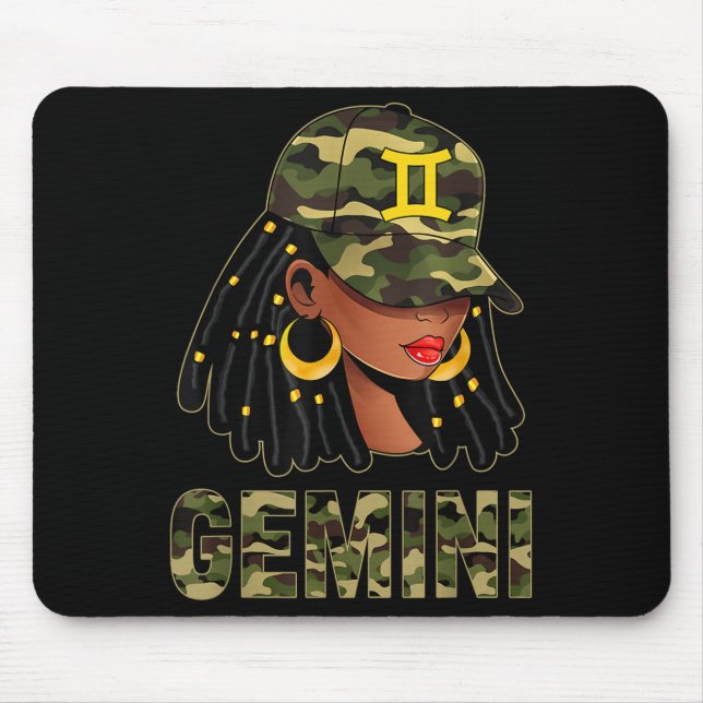 Gemini Queen Loc'd Hair Black Woman Camo Cap Zodia Mouse Mat (Front)