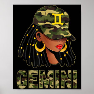 Gemini Queen Loc'd Hair Black Woman Camo Cap Zodia Poster