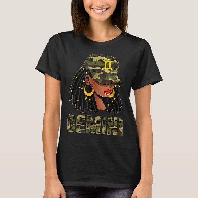 Gemini Queen Loc'd Hair Black Woman Camo Cap Zodia T-Shirt (Front)