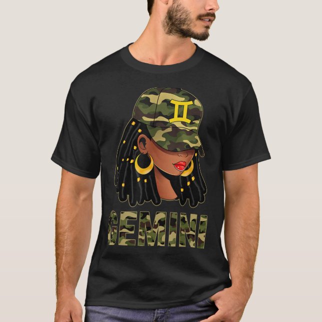 Gemini Queen Loc'd Hair Black Woman Camo Cap Zodia T-Shirt (Front)