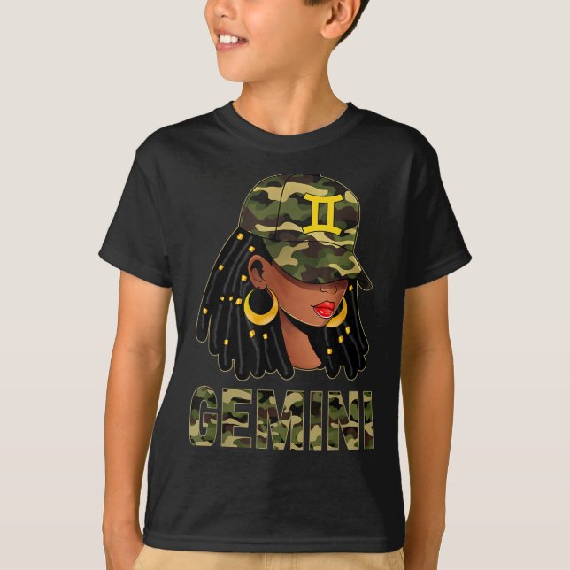 Gemini Queen Loc'd Hair Black Woman Camo Cap Zodia T-Shirt (Front)