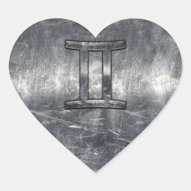 Gemini Sign in Distressed Siver Steel Style Heart Sticker (Front)