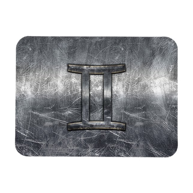 Gemini Sign in Distressed Siver Steel Style Magnet (Horizontal)