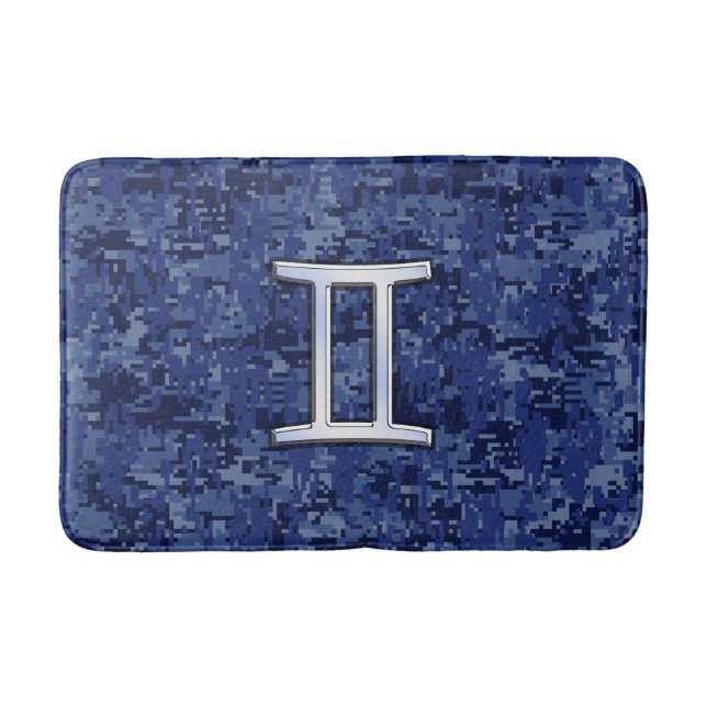 Gemini Sign on Navy Blue Digital Camouflage Bath Mat (Front)