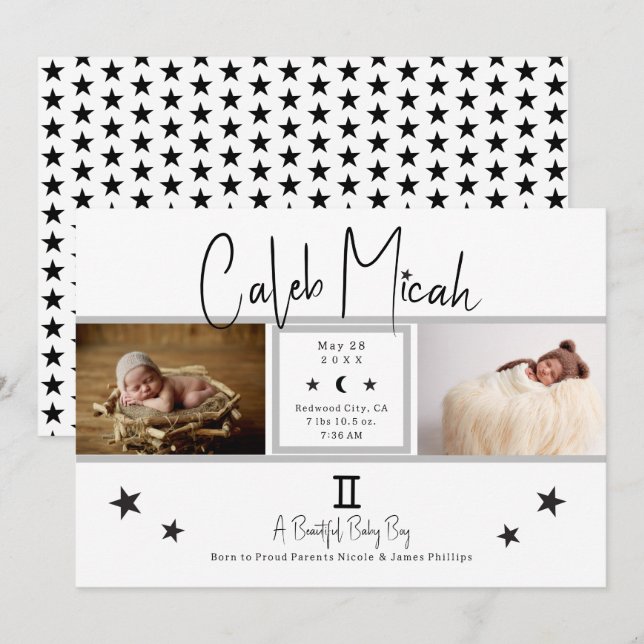 Gemini Stars Photo Baby Birth Announcement (Front/Back)