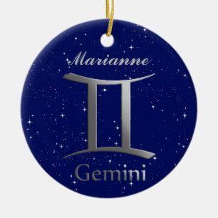 Gemini Sun Sign Symbol with Name Ceramic Tree Decoration