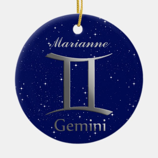 Gemini Sun Sign Symbol with Name Ceramic Tree Decoration (Front)