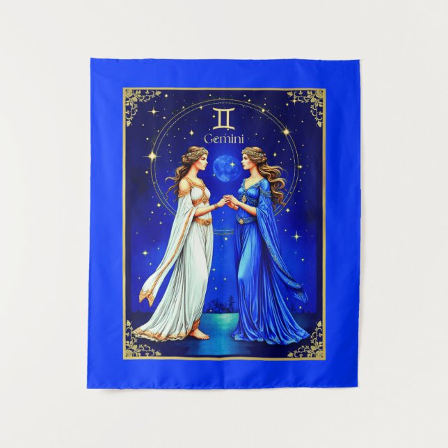 Gemini Twins Beneath a Starry Sky Tapestry (Front)