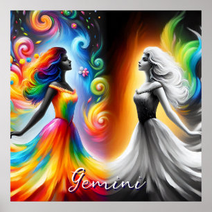 Gemini Twins Colour & Black and White Horoscope Poster