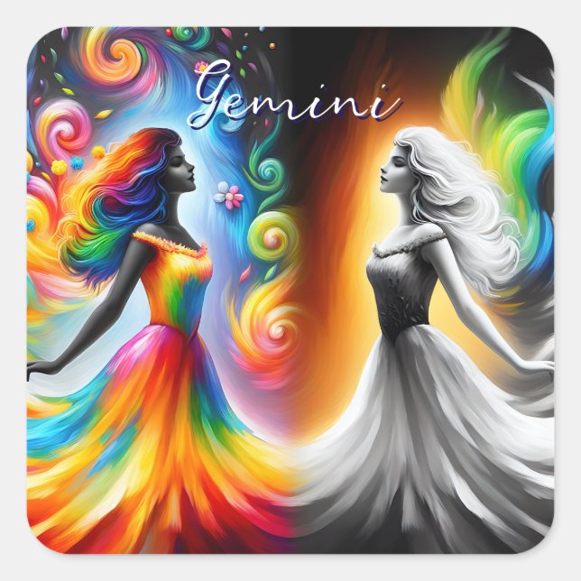 Gemini Twins Colour & Black and White Horoscope Square Sticker (Front)